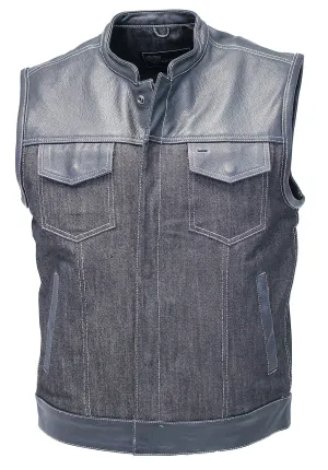 Men's Leather and Denim Gray Stitch Club Vest w/Concealed #VMC912GWK