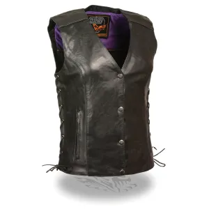 Milwaukee Leather MLL4505 Women's Black Leather Side Lace Motorcycle Rider Vest-Reflective and Studded Purple Wings