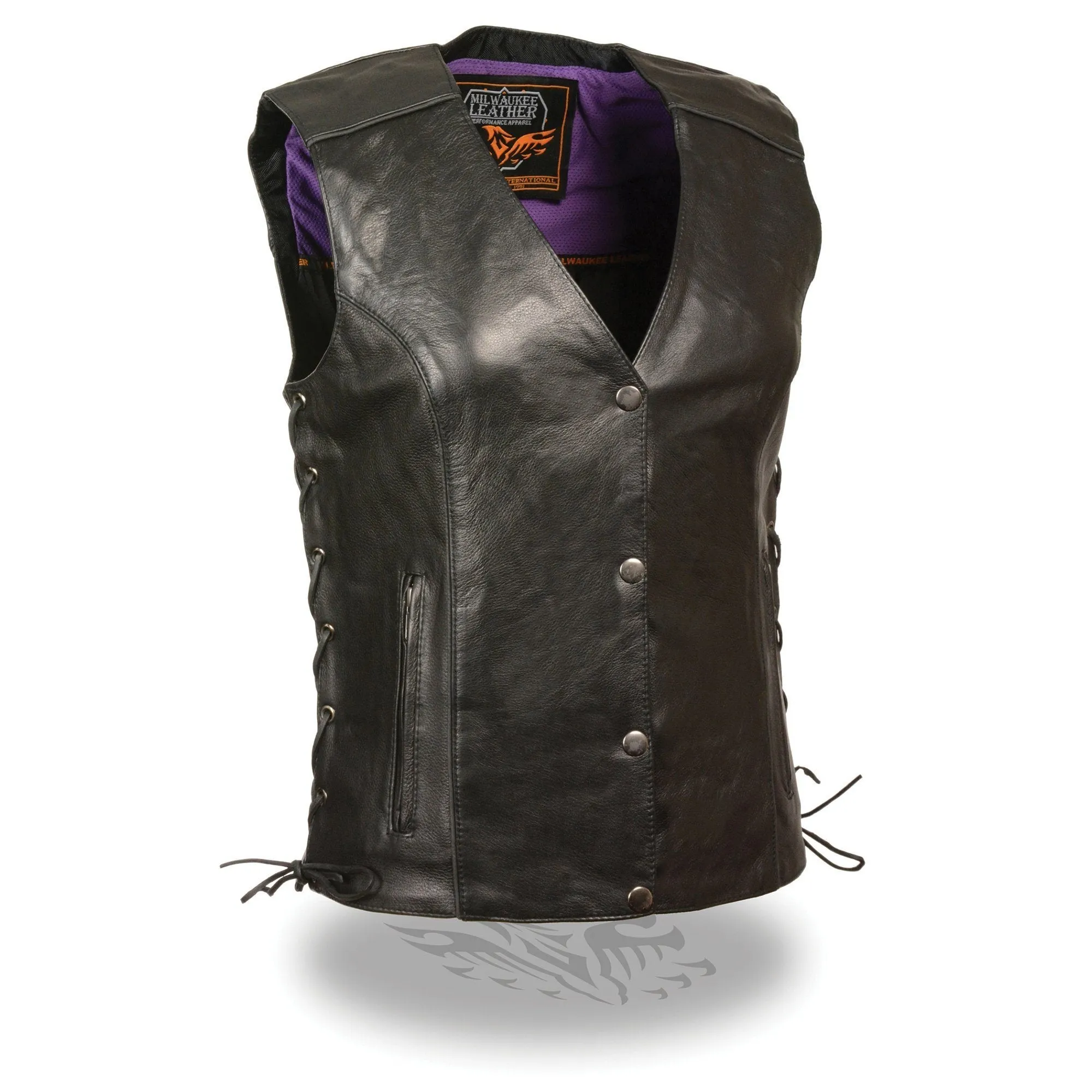 Milwaukee Leather MLL4505 Women's Black Leather Side Lace Motorcycle Rider Vest-Reflective and Studded Purple Wings