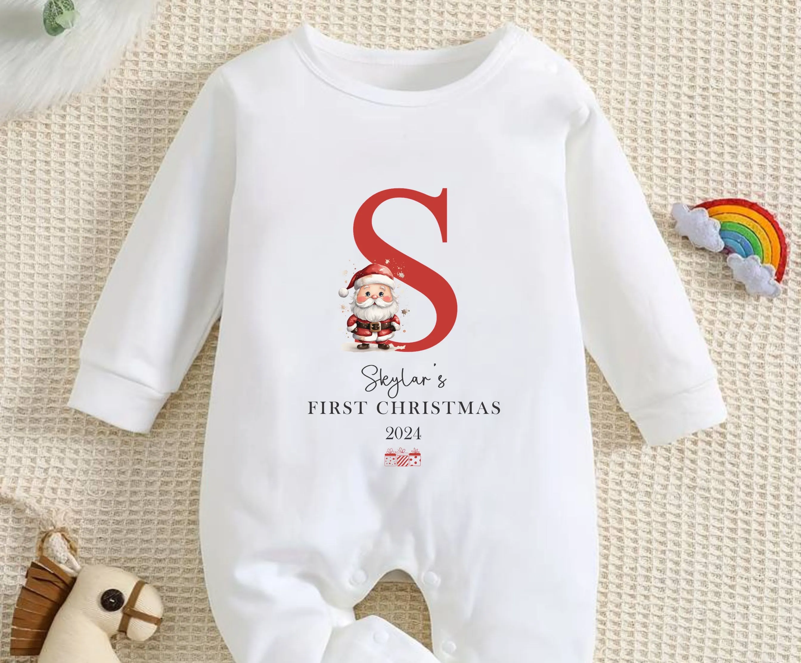 Personalised First Christmas Baby Outfit- My First Christmas Sleepsuit or vest - 1st Xmas Santa with an Initial