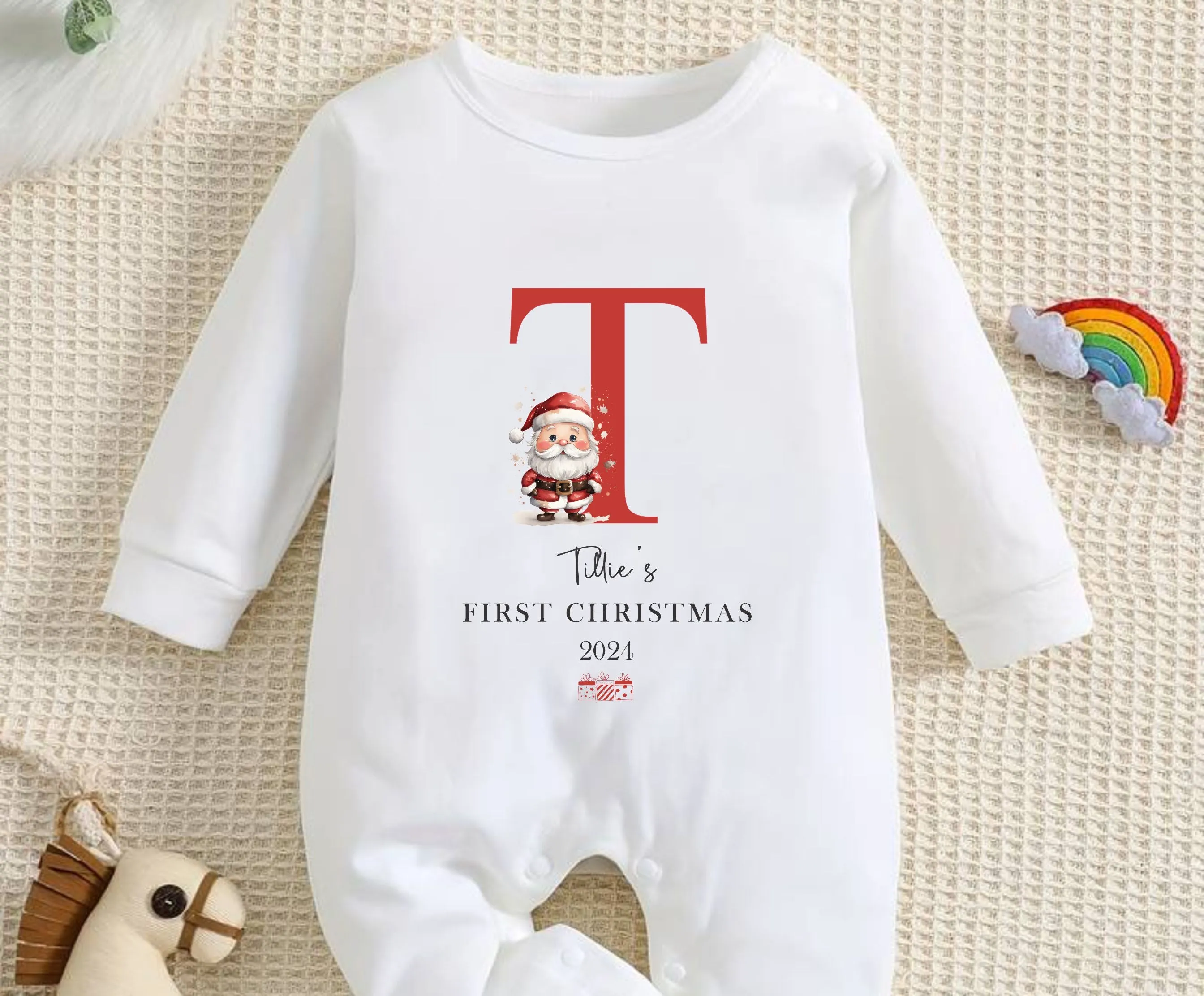 Personalised First Christmas Baby Outfit- My First Christmas Sleepsuit or vest - 1st Xmas Santa with an Initial