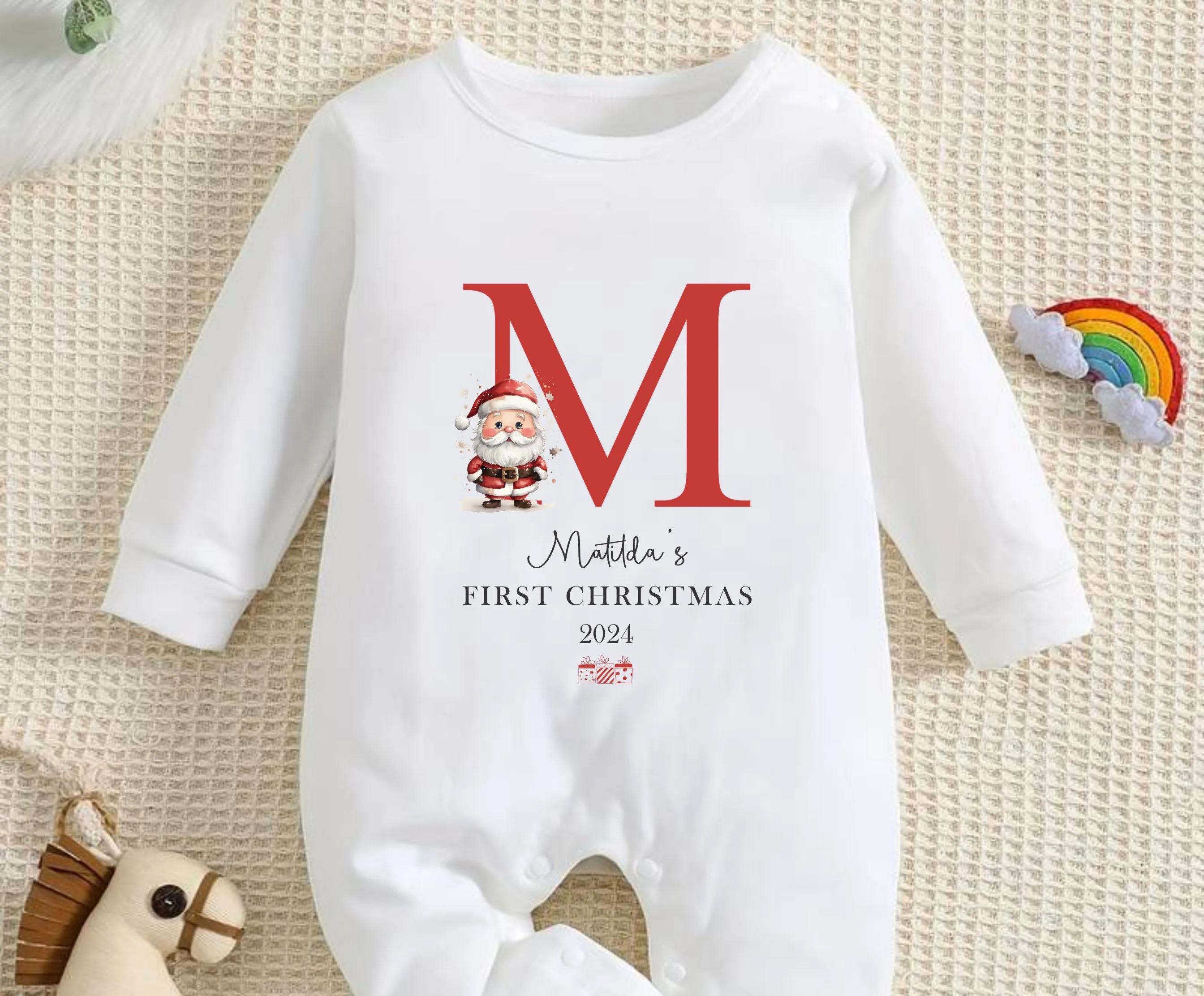 Personalised First Christmas Baby Outfit- My First Christmas Sleepsuit or vest - 1st Xmas Santa with an Initial