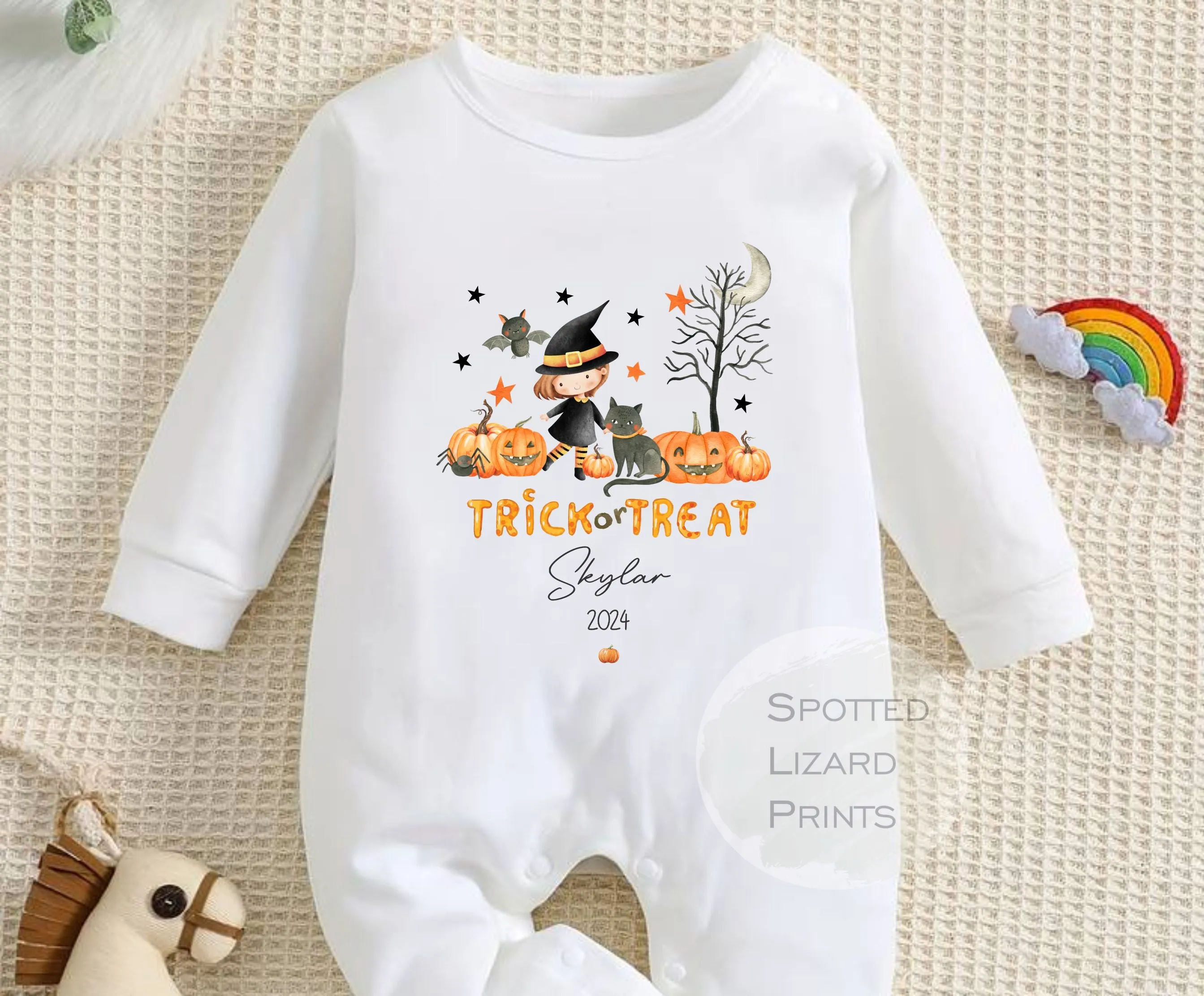 Personalised First Halloween Baby Outfit | My 1st Halloween Sleepsuit or Vest - Halloween Witch Trick or Treat