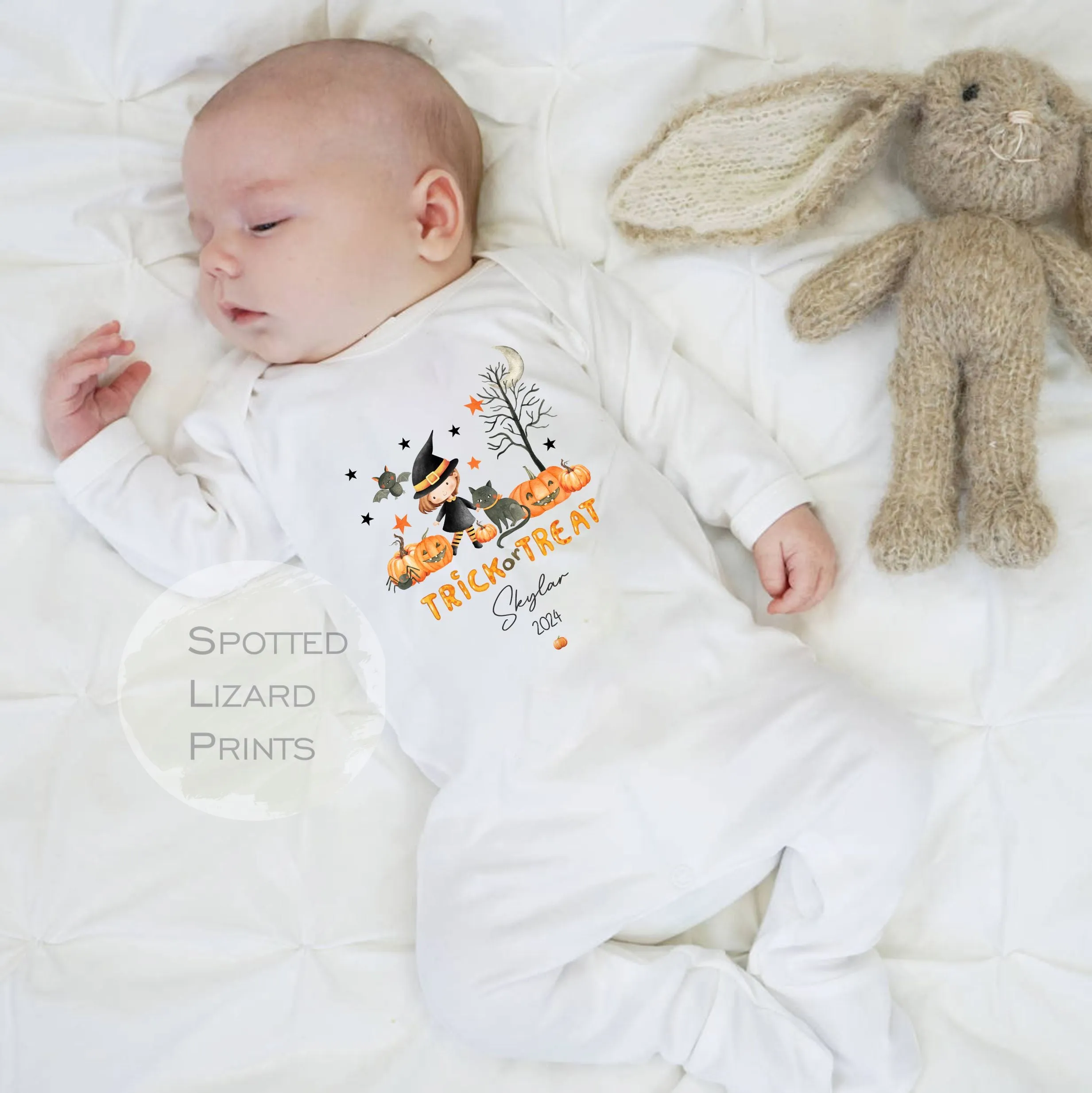 Personalised First Halloween Baby Outfit | My 1st Halloween Sleepsuit or Vest - Halloween Witch Trick or Treat