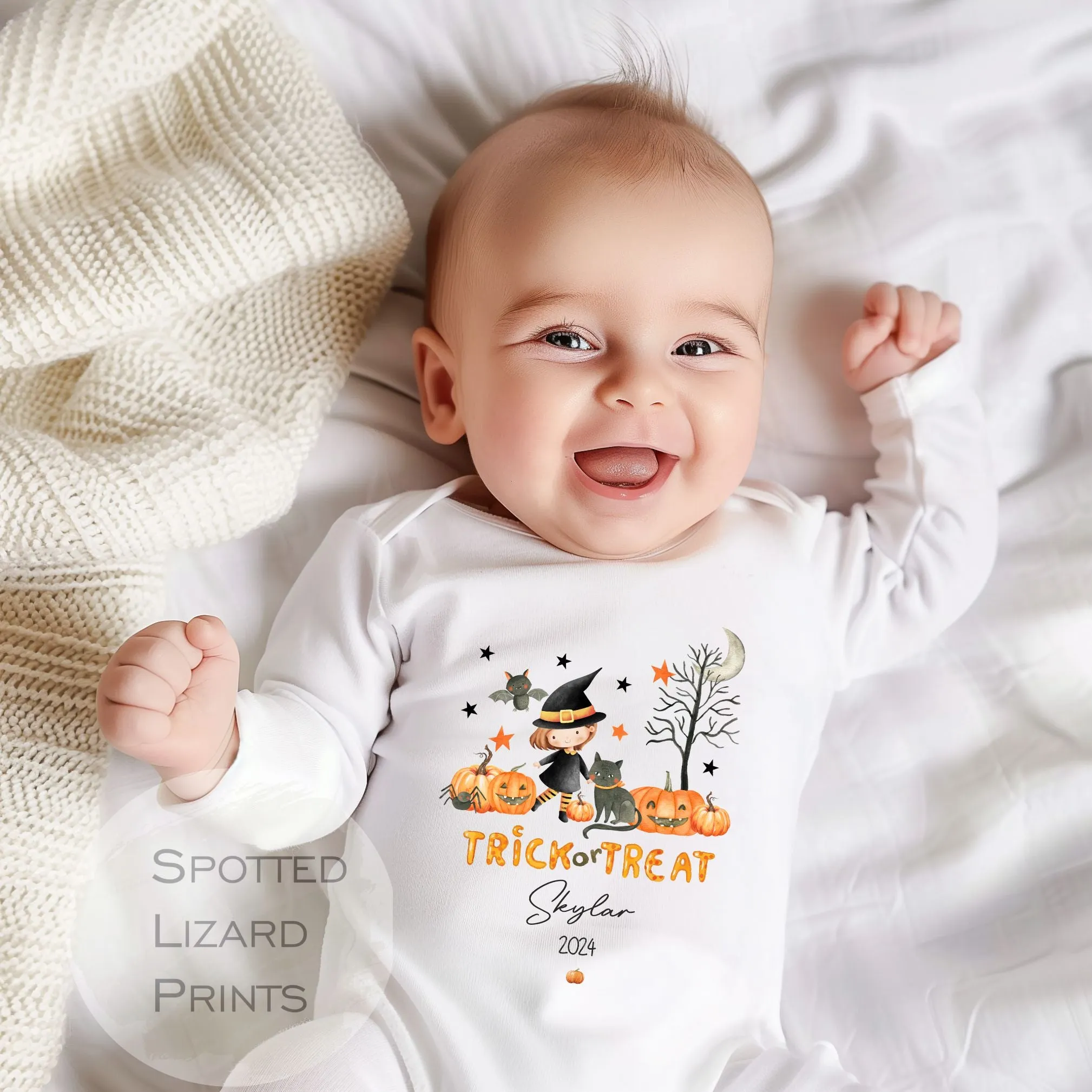 Personalised First Halloween Baby Outfit | My 1st Halloween Sleepsuit or Vest - Halloween Witch Trick or Treat