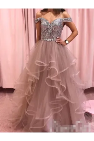 Rhinestones Bodice Multi Layered Bottom Classic Prom Dresses Tulle Party Dresses