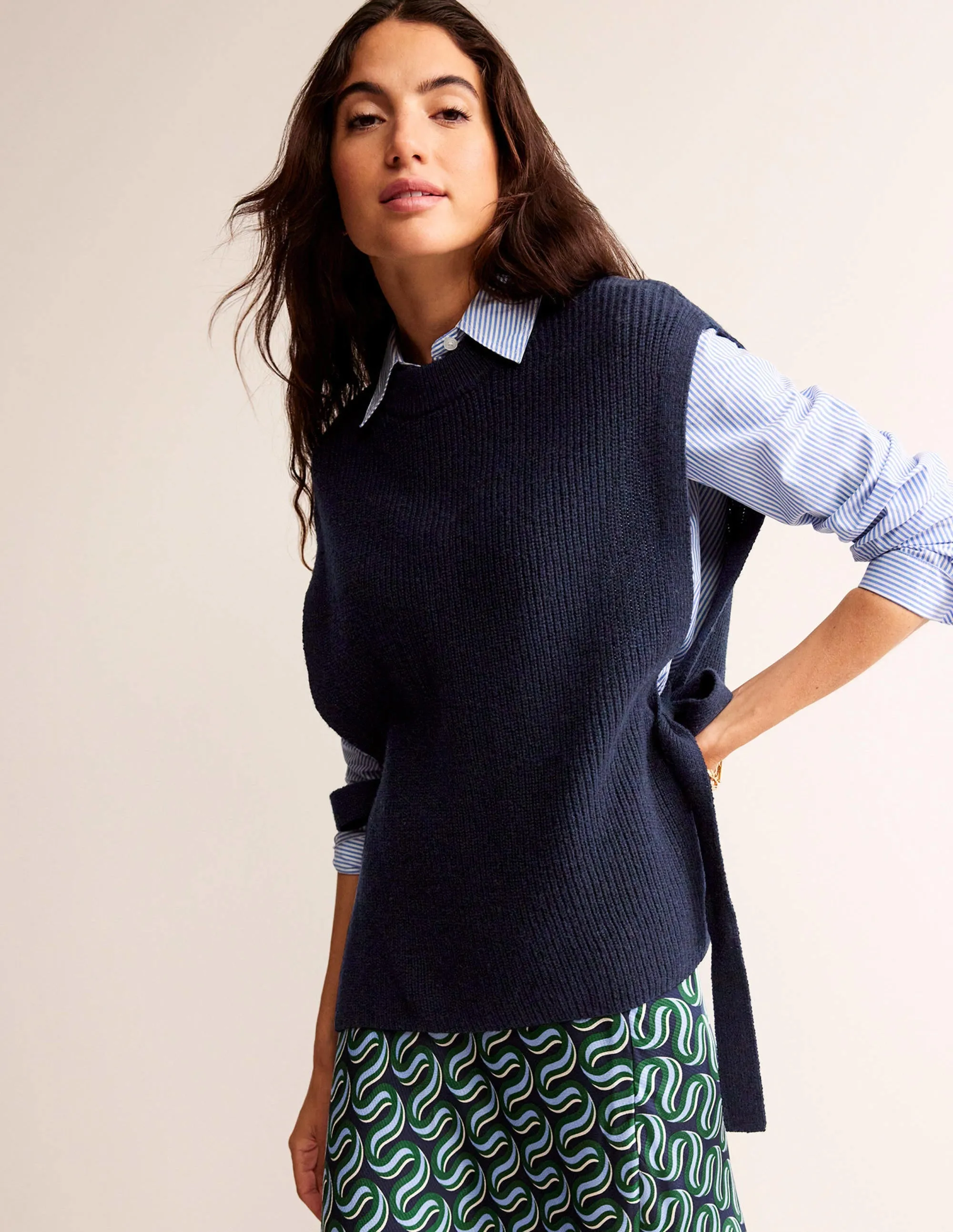 Tie-Side Knitted Tabard-Navy
