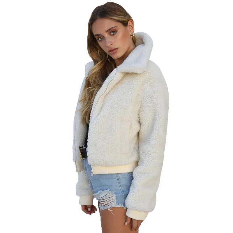 VenusFox Long Sleeve Zipper Faux Fur Coat