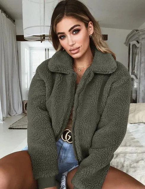 VenusFox Long Sleeve Zipper Faux Fur Coat