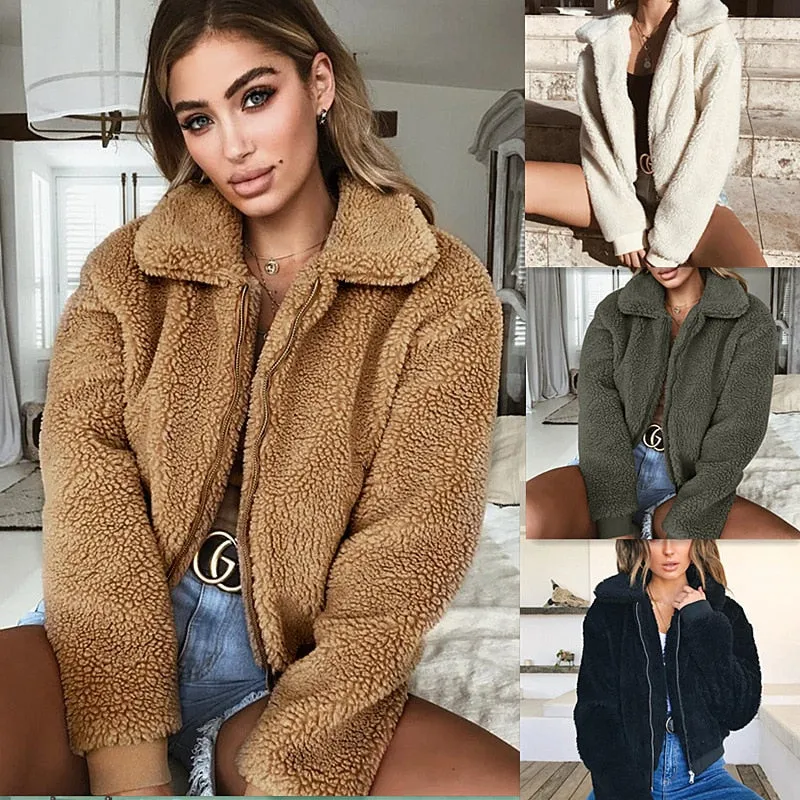 VenusFox Long Sleeve Zipper Faux Fur Coat