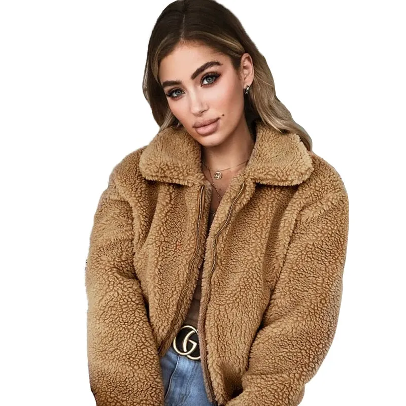VenusFox Long Sleeve Zipper Faux Fur Coat