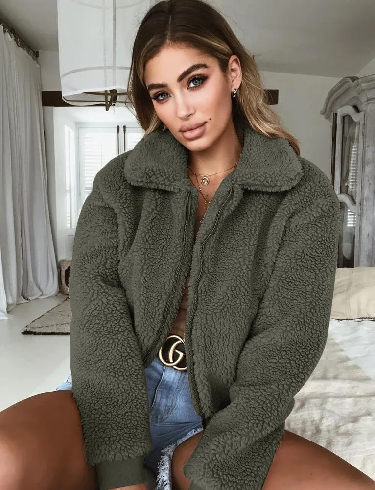 VenusFox Long Sleeve Zipper Faux Fur Coat