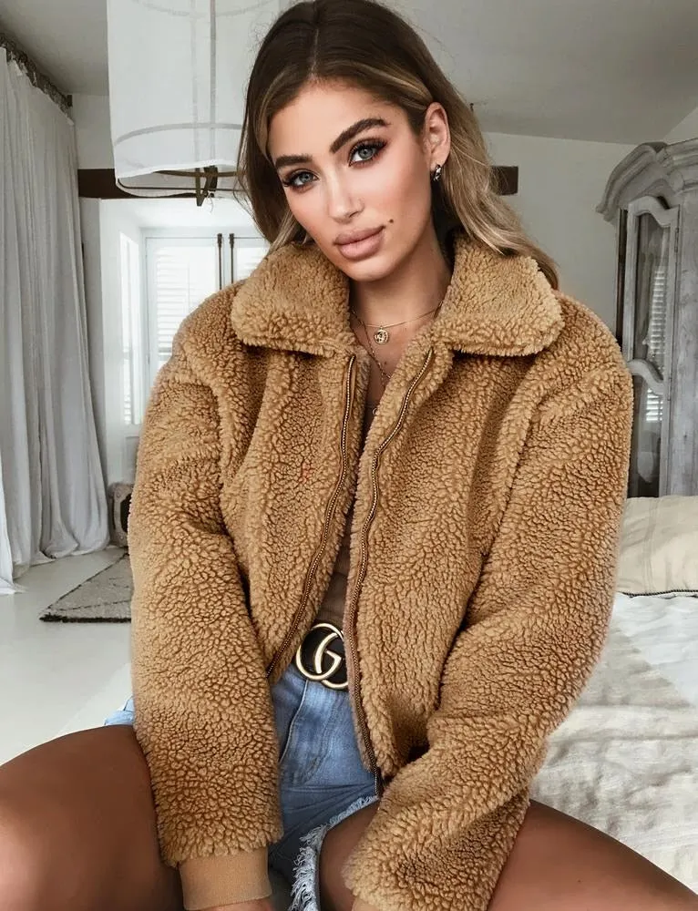 VenusFox Long Sleeve Zipper Faux Fur Coat