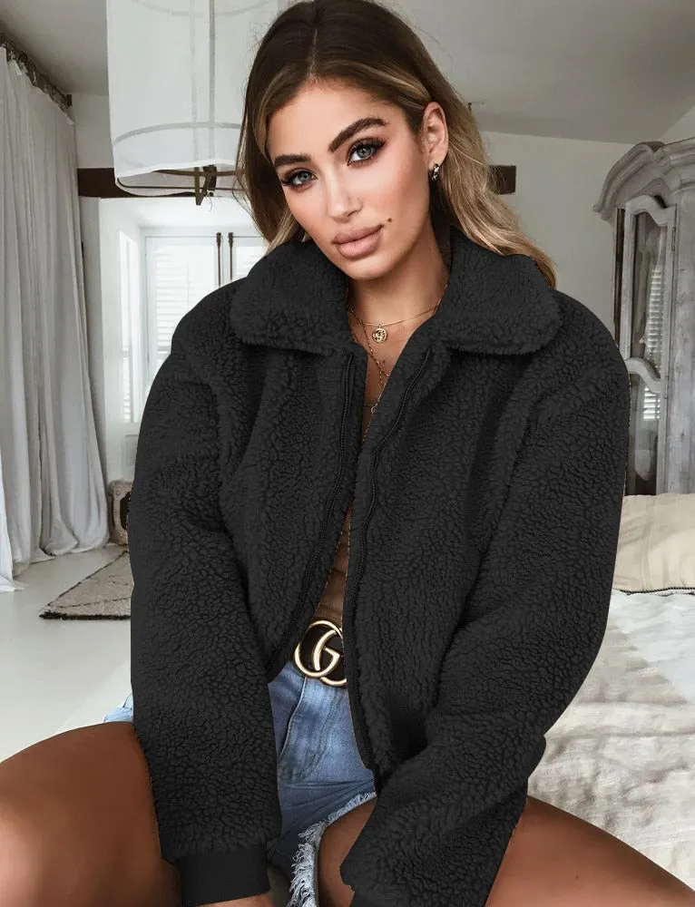 VenusFox Long Sleeve Zipper Faux Fur Coat