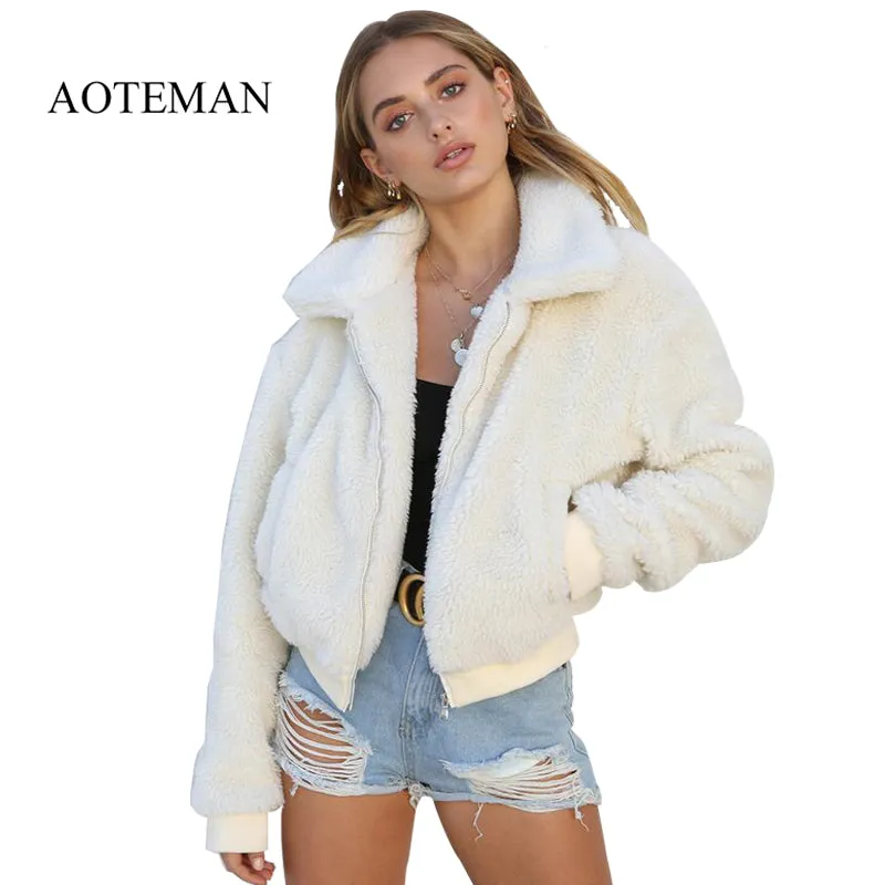 VenusFox Long Sleeve Zipper Faux Fur Coat
