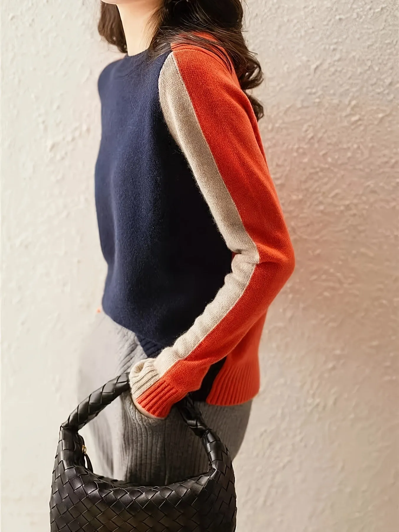 Vibrant Color Block Knit Pullover Sweater - Soft, Medium Stretch, Crew Neck, Long Sleeve, Viscose Blend Top for All Seasons, Casual Wear, Everyday Comfort