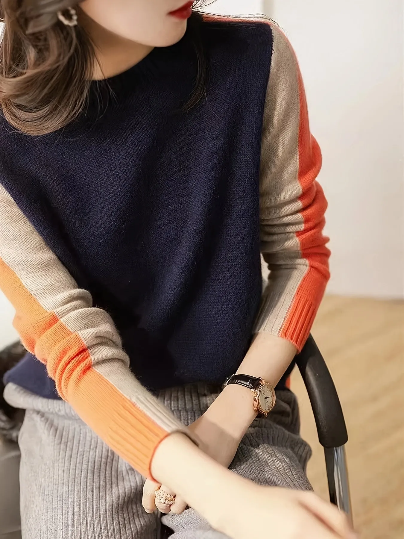 Vibrant Color Block Knit Pullover Sweater - Soft, Medium Stretch, Crew Neck, Long Sleeve, Viscose Blend Top for All Seasons, Casual Wear, Everyday Comfort
