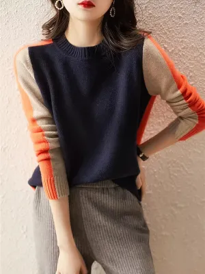 Vibrant Color Block Knit Pullover Sweater - Soft, Medium Stretch, Crew Neck, Long Sleeve, Viscose Blend Top for All Seasons, Casual Wear, Everyday Comfort