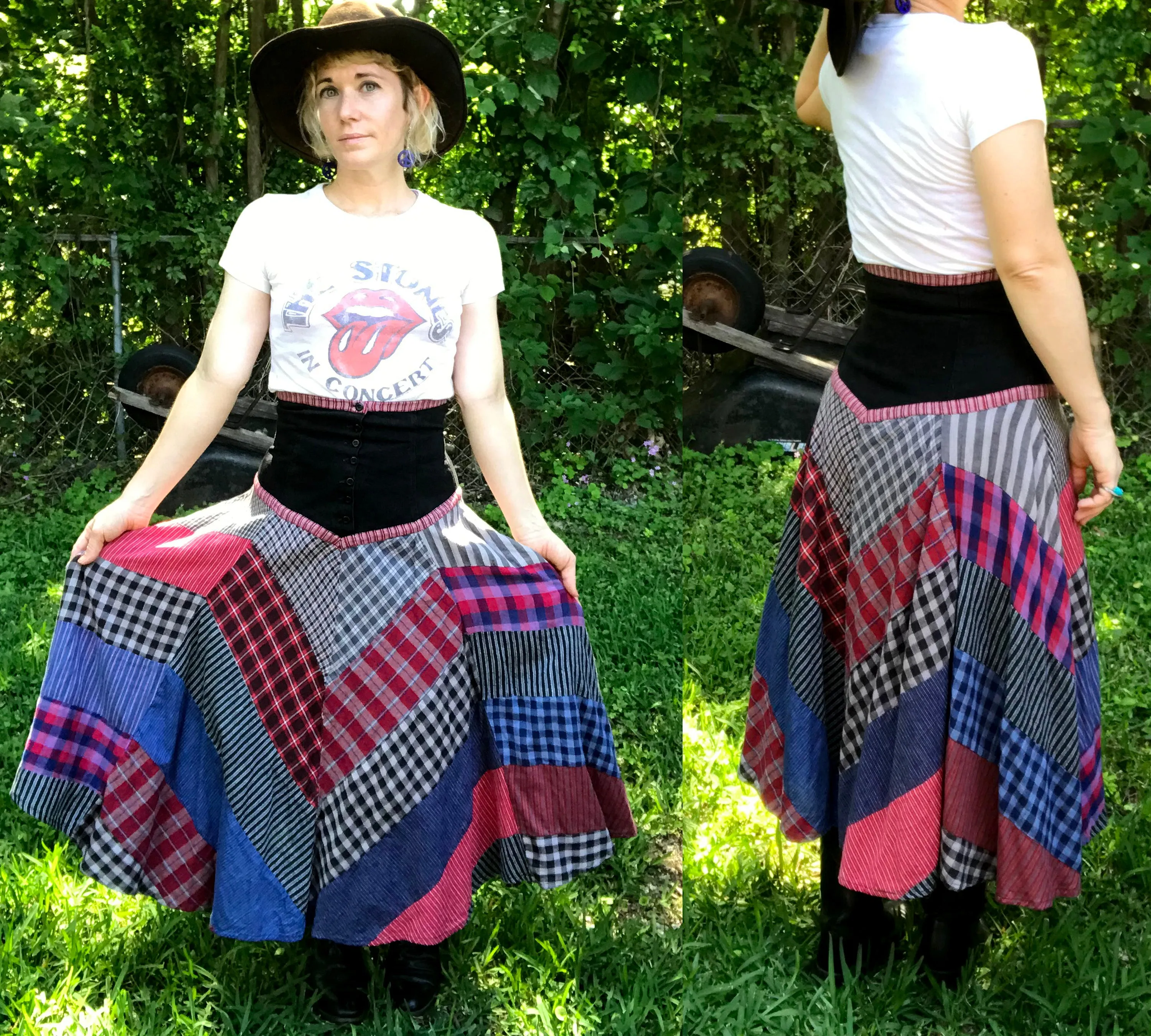VTG 60s 70s | Patchwork High Waist Western Skirt Hippie Festival Boho | S
