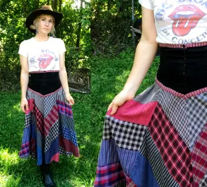 VTG 60s 70s | Patchwork High Waist Western Skirt Hippie Festival Boho | S