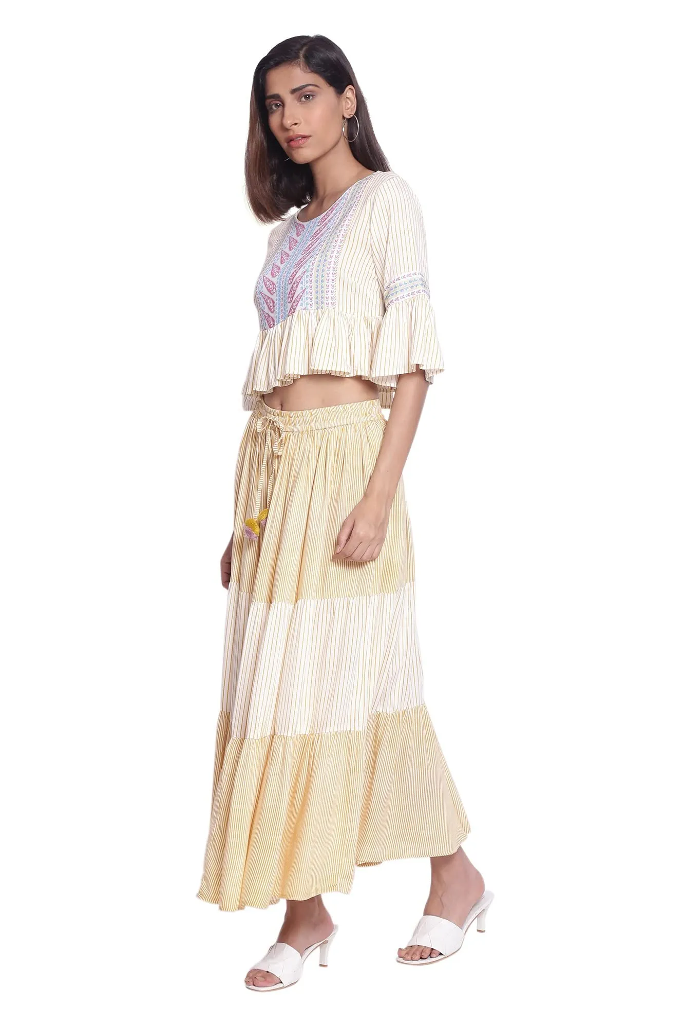 W for Woman Women's 100% Viscose Top & Skirt (21FEWS30549-116523_Bright Yellow_XL)