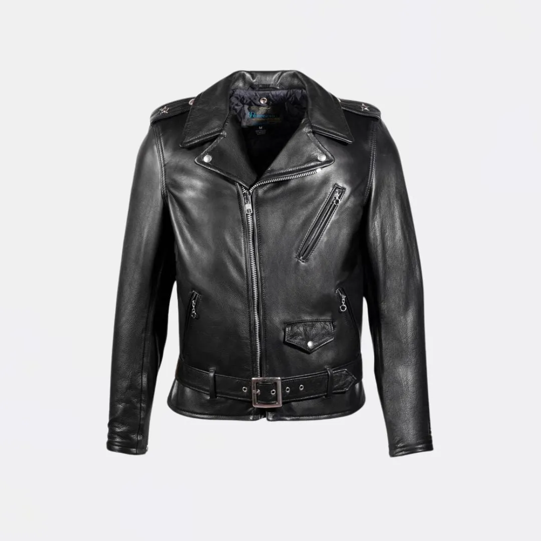 Waxy Natural Cowhide 50's Perfecto Motorcycle Leather Jacket (Black)