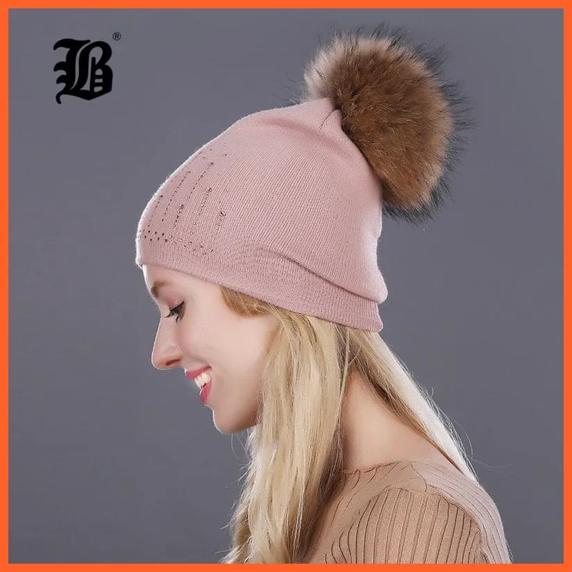 Winter Hat For Women | Rabbit Fur Wool Knitted Hat Beanies Real Mink Fur Pom Poms Rhinestone Skullies Girls Hats