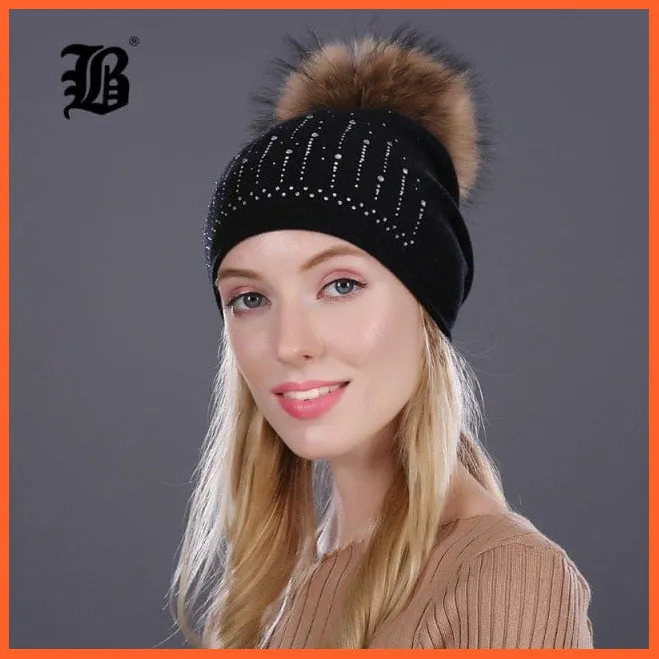 Winter Hat For Women | Rabbit Fur Wool Knitted Hat Beanies Real Mink Fur Pom Poms Rhinestone Skullies Girls Hats