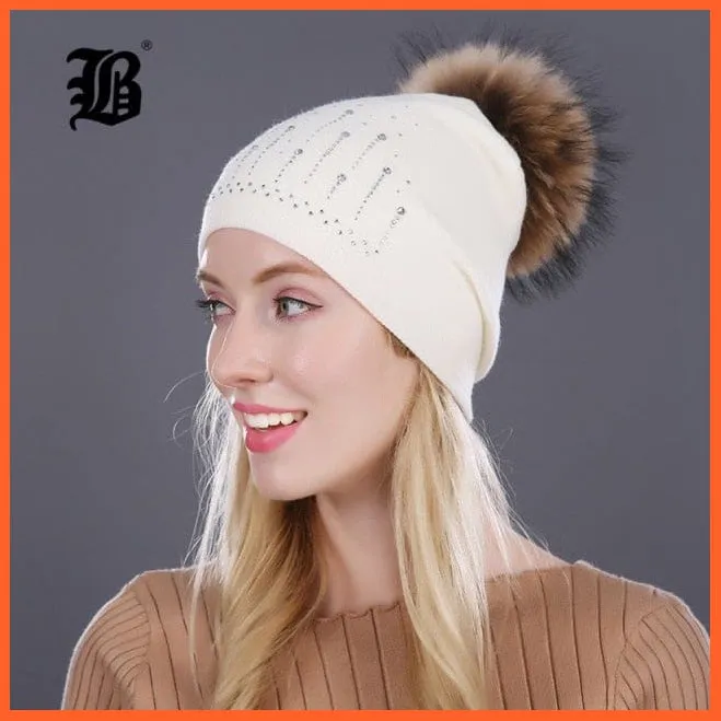 Winter Hat For Women | Rabbit Fur Wool Knitted Hat Beanies Real Mink Fur Pom Poms Rhinestone Skullies Girls Hats