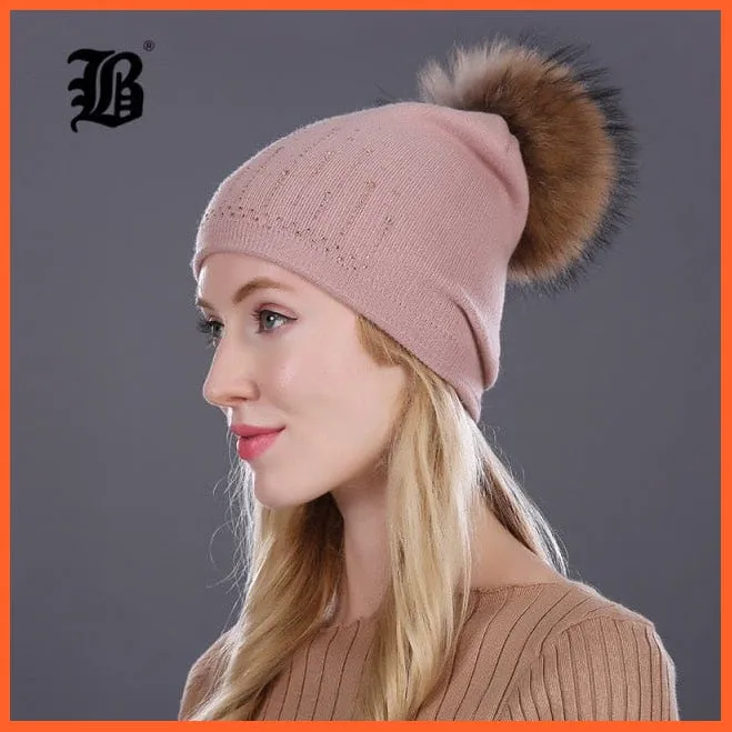 Winter Hat For Women | Rabbit Fur Wool Knitted Hat Beanies Real Mink Fur Pom Poms Rhinestone Skullies Girls Hats