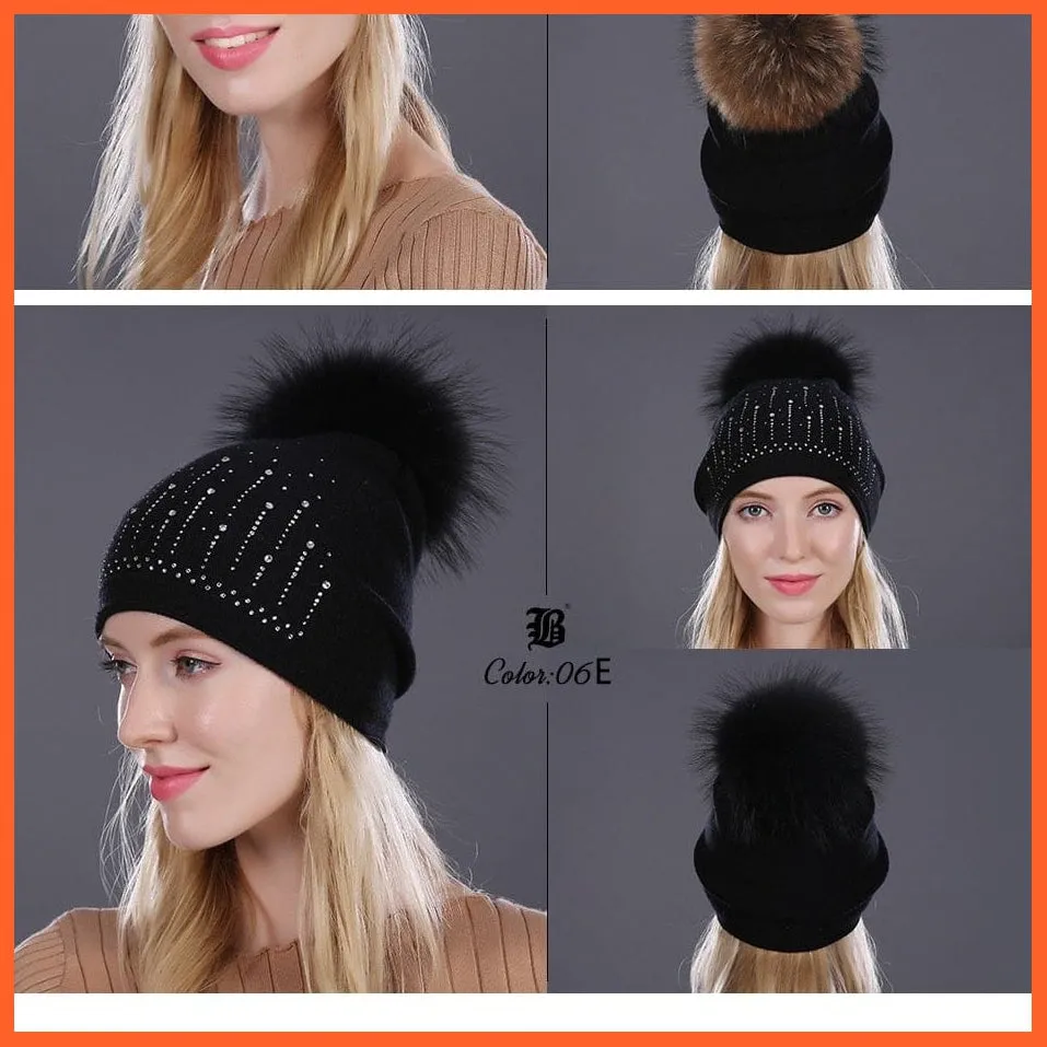 Winter Hat For Women | Rabbit Fur Wool Knitted Hat Beanies Real Mink Fur Pom Poms Rhinestone Skullies Girls Hats