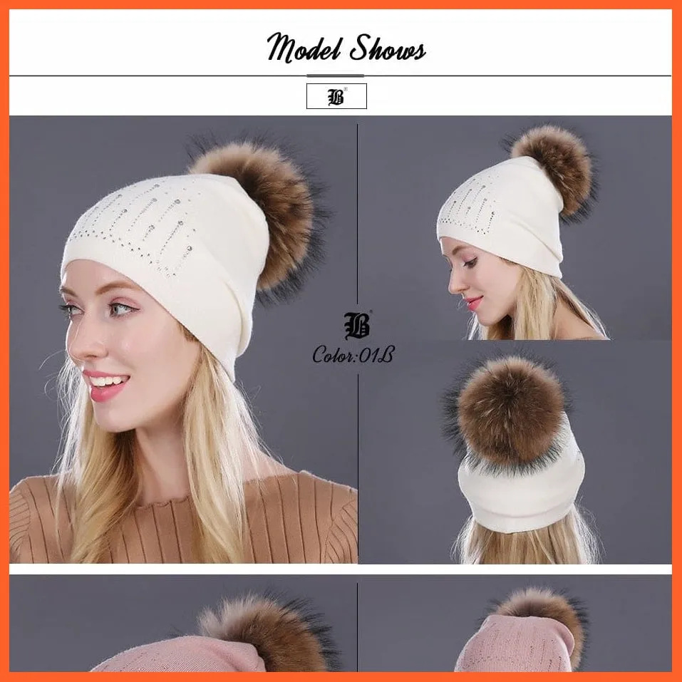 Winter Hat For Women | Rabbit Fur Wool Knitted Hat Beanies Real Mink Fur Pom Poms Rhinestone Skullies Girls Hats