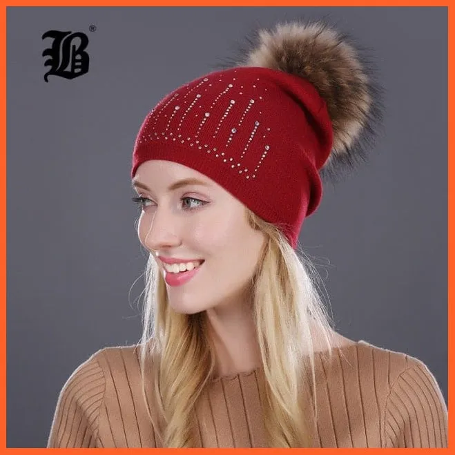 Winter Hat For Women | Rabbit Fur Wool Knitted Hat Beanies Real Mink Fur Pom Poms Rhinestone Skullies Girls Hats