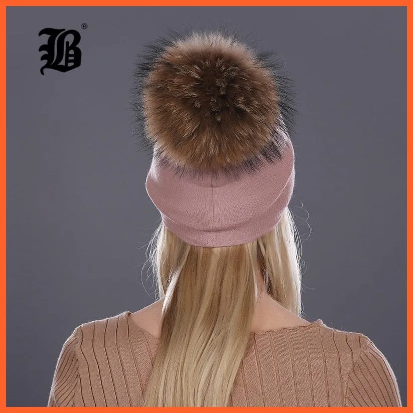 Winter Hat For Women | Rabbit Fur Wool Knitted Hat Beanies Real Mink Fur Pom Poms Rhinestone Skullies Girls Hats