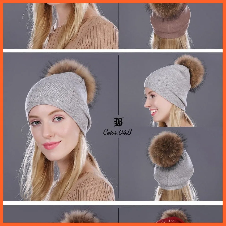 Winter Hat For Women | Rabbit Fur Wool Knitted Hat Beanies Real Mink Fur Pom Poms Rhinestone Skullies Girls Hats