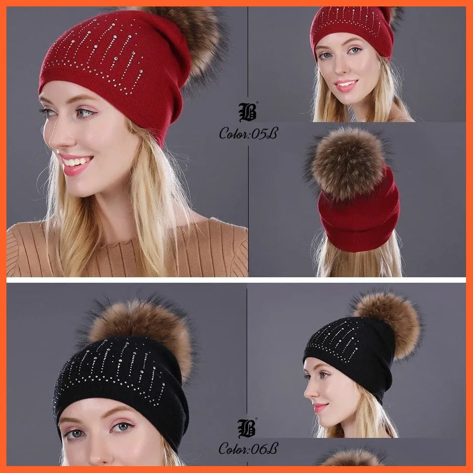 Winter Hat For Women | Rabbit Fur Wool Knitted Hat Beanies Real Mink Fur Pom Poms Rhinestone Skullies Girls Hats