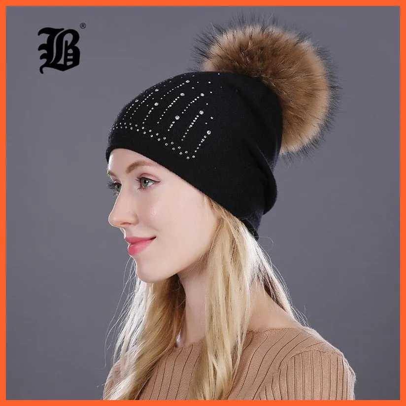 Winter Hat For Women | Rabbit Fur Wool Knitted Hat Beanies Real Mink Fur Pom Poms Rhinestone Skullies Girls Hats