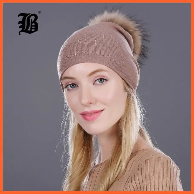 Winter Hat For Women | Rabbit Fur Wool Knitted Hat Beanies Real Mink Fur Pom Poms Rhinestone Skullies Girls Hats