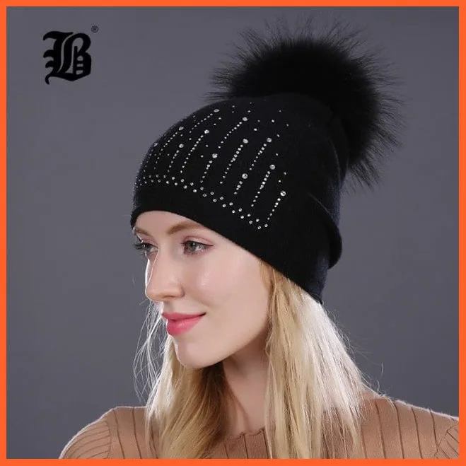 Winter Hat For Women | Rabbit Fur Wool Knitted Hat Beanies Real Mink Fur Pom Poms Rhinestone Skullies Girls Hats