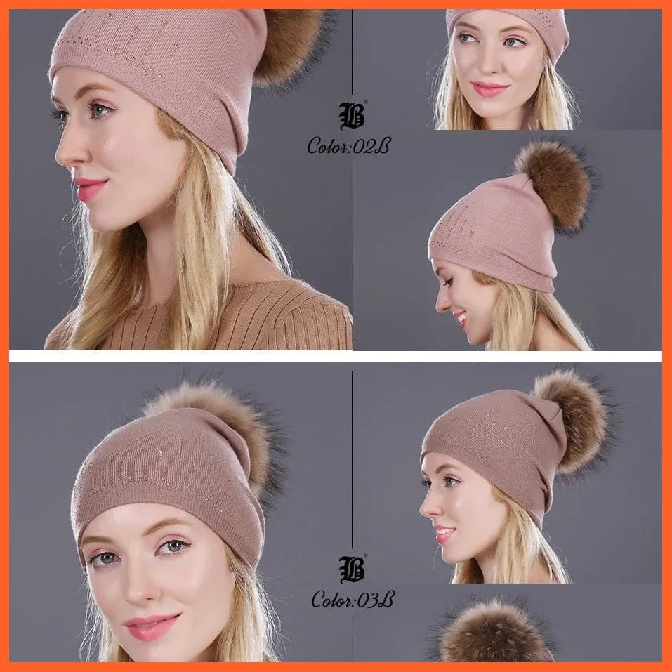 Winter Hat For Women | Rabbit Fur Wool Knitted Hat Beanies Real Mink Fur Pom Poms Rhinestone Skullies Girls Hats
