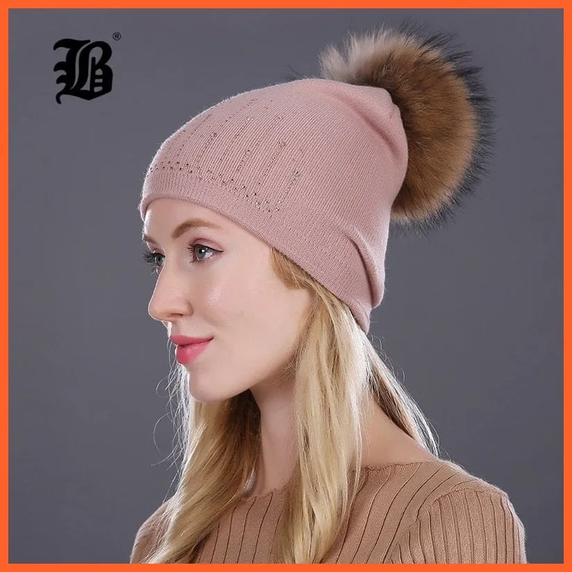 Winter Hat For Women | Rabbit Fur Wool Knitted Hat Beanies Real Mink Fur Pom Poms Rhinestone Skullies Girls Hats