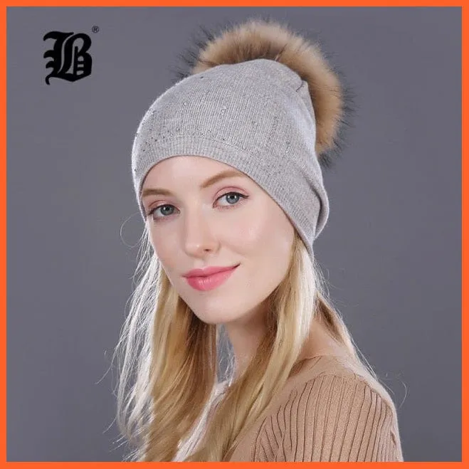 Winter Hat For Women | Rabbit Fur Wool Knitted Hat Beanies Real Mink Fur Pom Poms Rhinestone Skullies Girls Hats