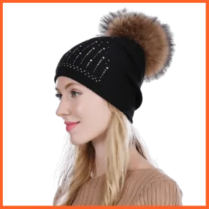 Winter Hat For Women | Rabbit Fur Wool Knitted Hat Beanies Real Mink Fur Pom Poms Rhinestone Skullies Girls Hats