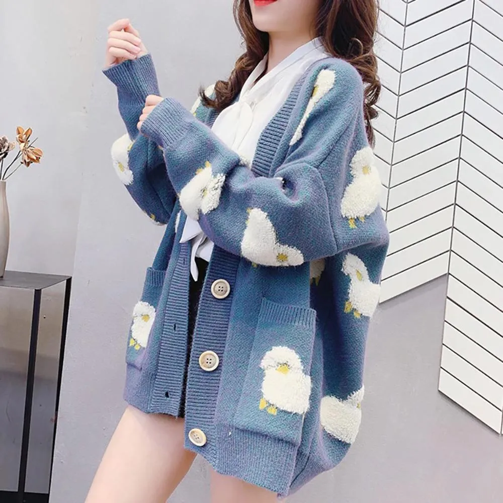 Women Y2K Knit Cardigan Kawaii Sheep Embroidery Preppy Sweater