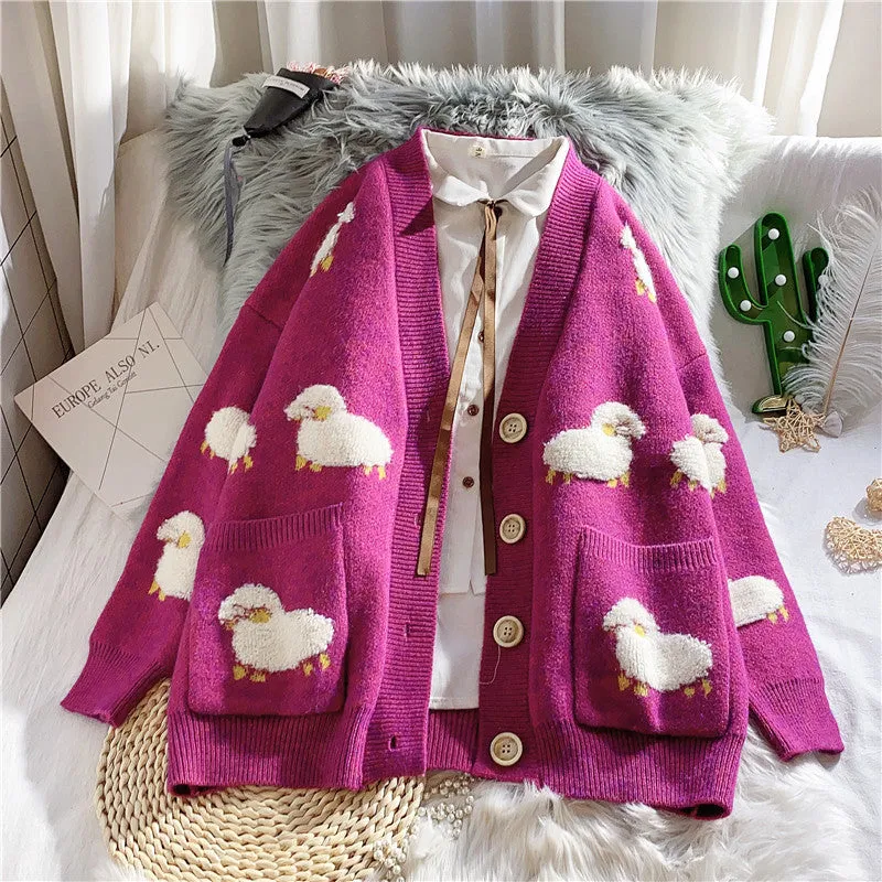 Women Y2K Knit Cardigan Kawaii Sheep Embroidery Preppy Sweater